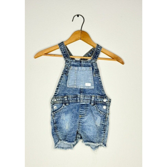 7 For All Mankind Denim Overalls BibShorts Toddler Girls 3T Buttons Pocket Boho - Picture 1 of 9
